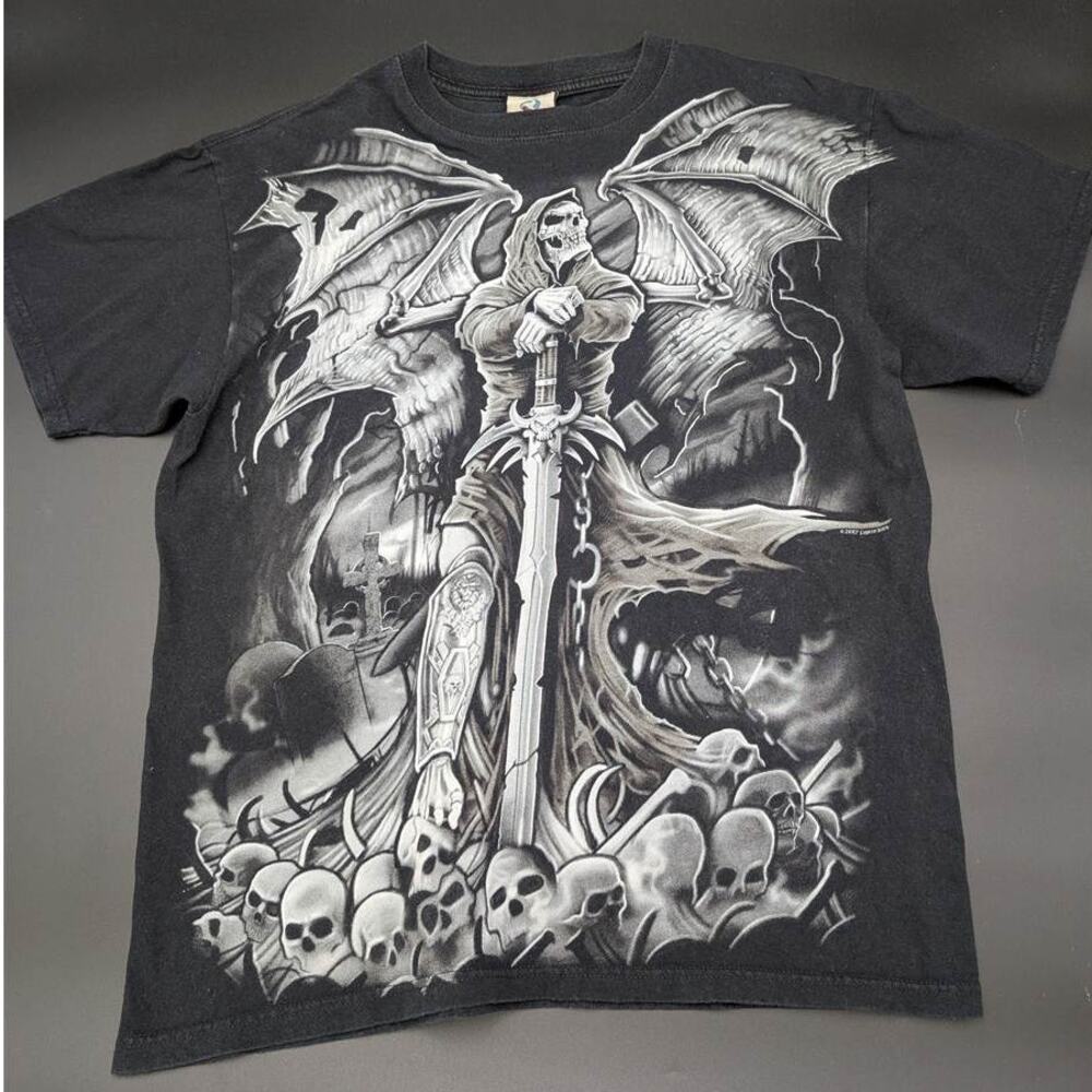 Vtg Liquid Blue Shirt Mens Large Black 2007 Skull Skeleton Grim Reaper Goth Y2K